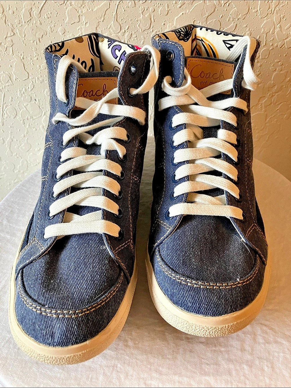 Coach: Denim Ellis (A1737) Poppy High Top Sneakers- Blue & White- 7